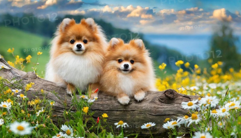 KI generated, animal, animals, mammal, mammals, dwarf spitz, Spitz, (Canis lupus familiaris), dog, dogs, bitch, Pomeranians, a bitch and a puppy lying on a tree trunk, flower meadow, two animals, cream-coloured