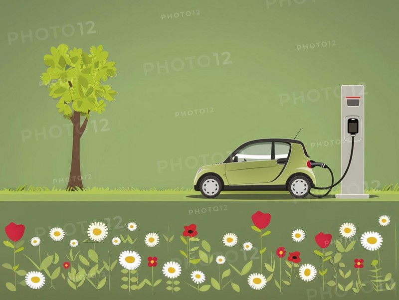 Serene scene of an electric car charging next to a tree and flower bed in a green environment, illustration, AI generated
