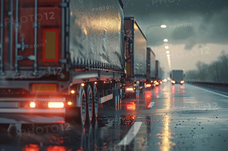 Traffic jam, congested motorway with many lorries and cars in rainy weather, poor weather conditions, limited visibility, AI generated