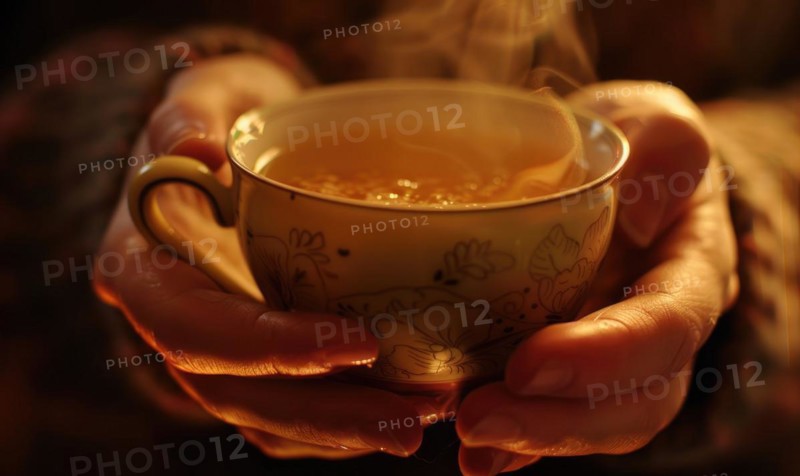 Hands holding a cup of steaming tea, close up view AI generated