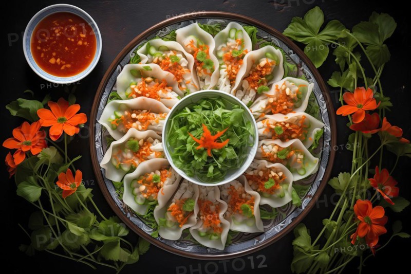 Elegant Gourmet Goi Cuon with Fresh Herbs, Dipping Sauce, and Vibrant Flowers, AI generated
