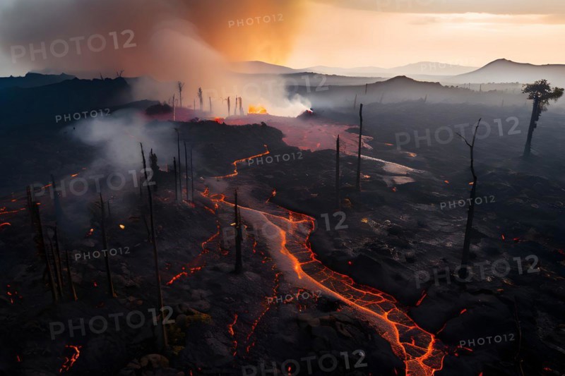 Charred tree skeletons in a smoke filled landscape remnants of a forest fire ignited by lava flow, AI generated