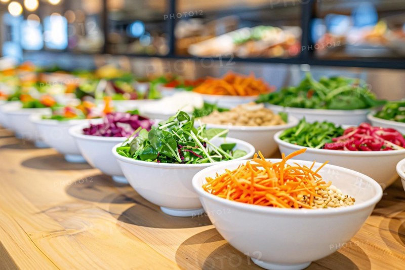A selection of colorful, fresh salads arranged on a buffet table, AI generated