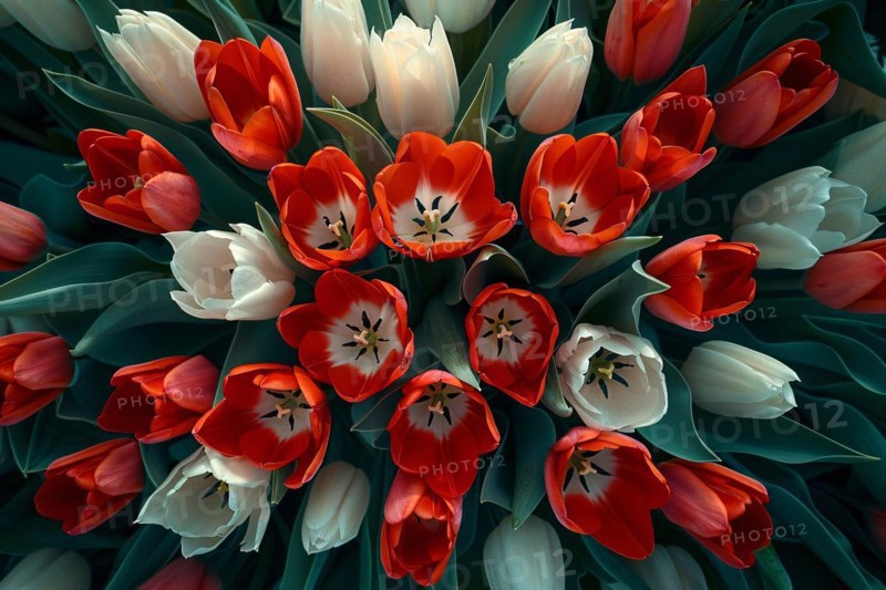 Close-up of vibrant red and white tulips with dark background, AI generated