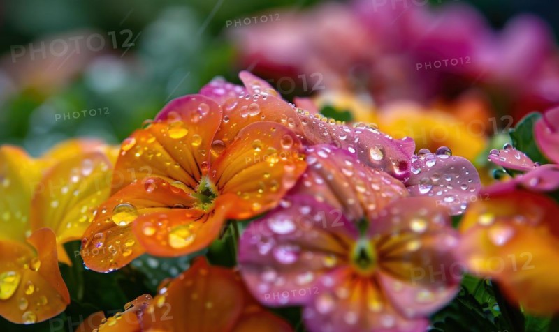 Raindrops falling on colorful spring flowers in a garden AI generated