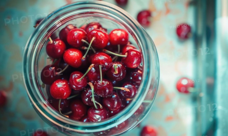 Ripe cherries showcased in a glass jar filled with clear syrup AI generated
