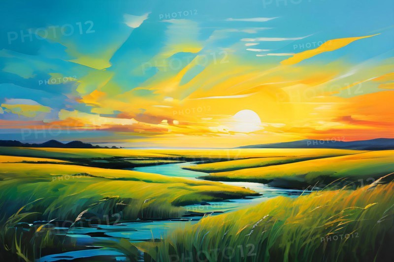 AI generated abstract painting of grasslands under a blazing sunset waves of greens