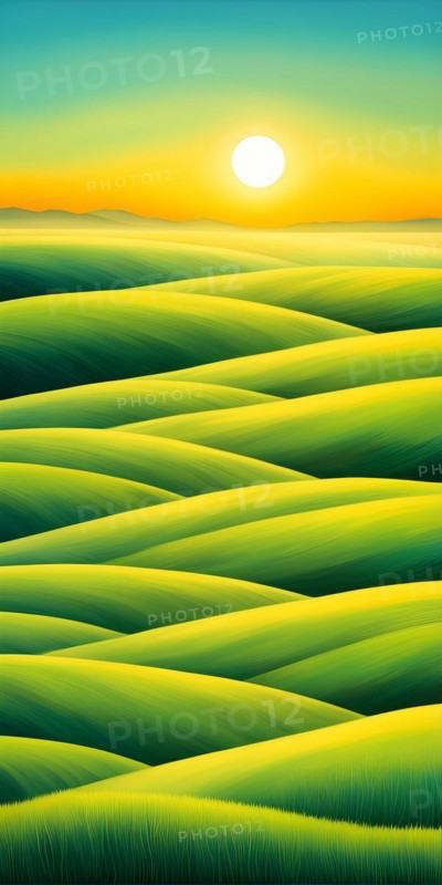 AI generated abstract painting of grasslands under a blazing sunset waves of greens