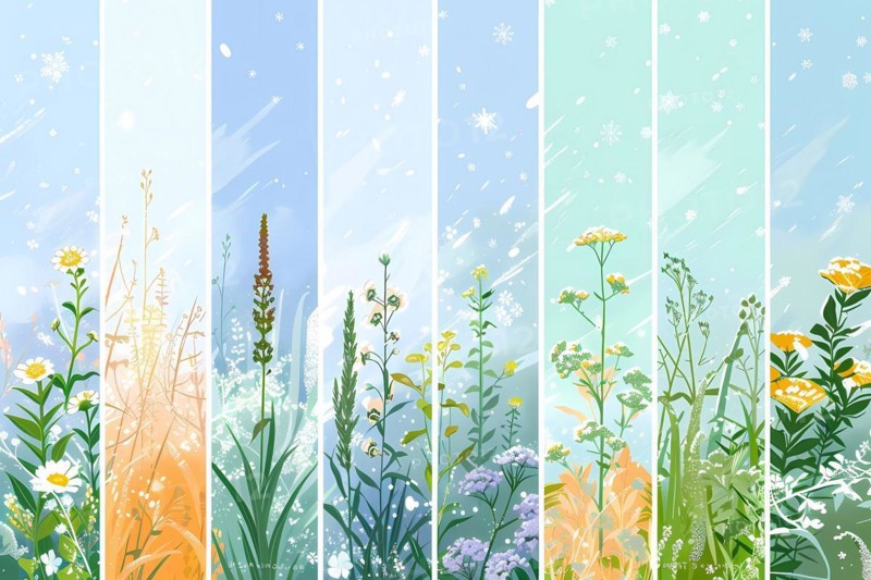 Four vertical panels representing different seasons with respective flowers and weather, illustration, AI generated