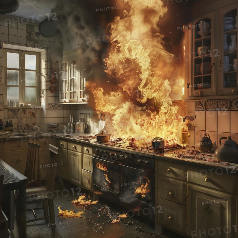 Flames consume a cooker in a kitchen, threatening atmosphere, AI generated