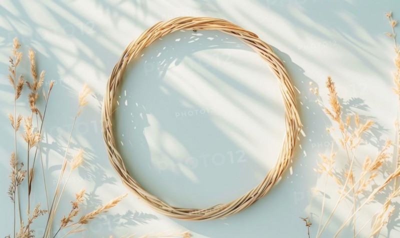 Delicate rattan frame on minimalistic natural material flat background, space for text AI generated