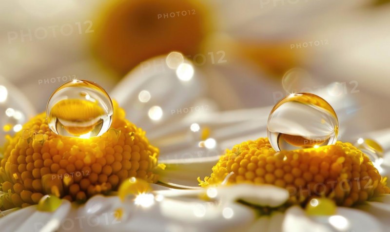 Chamomile essential oil droplets on chamomile flowers, nature beauty background AI generated