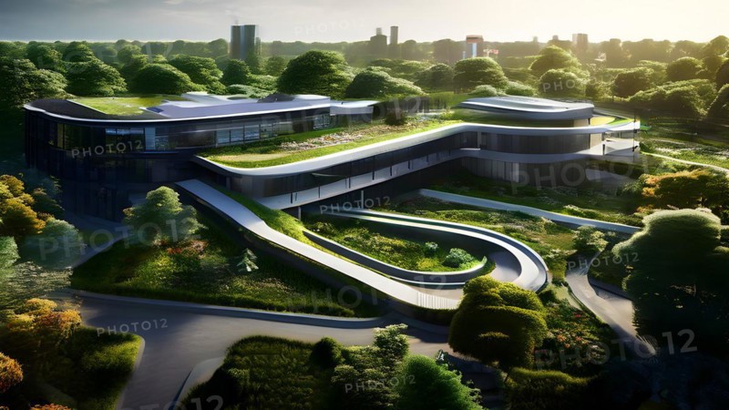 Aerial view of a modern hospitals green roof designed as a therapeutic garden, AI generated, modern, architecture