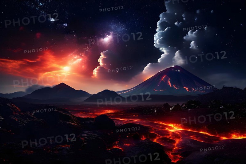 Night time drone shot of volcano mid eruption lava flows illuminating the darkness, AI generated