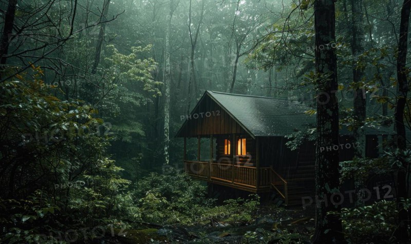 A cozy cabin nestled in a lush forest, surrounded by mist and raindrops glistening on the leaves AI generated