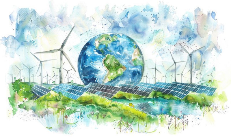 Watercolor illustration of Earth with wind turbines and solar panels, eco energy background AI generated