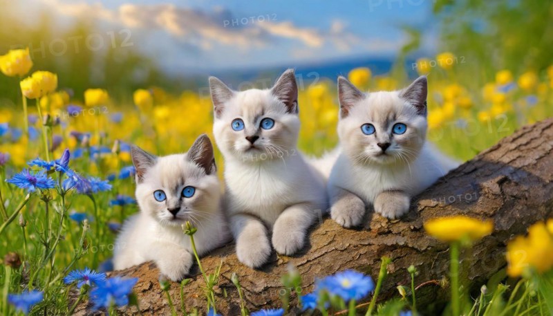 KI generated, animal, animals, mammal, mammals, cat, felidae (Felis catus), three cats resting on a tree, flower meadow