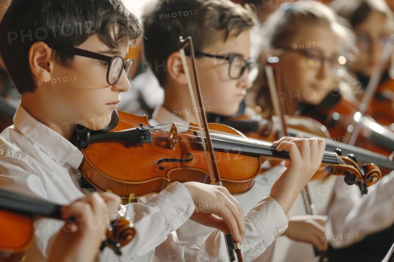 Pupils learn to make music on a violin, school orchestra, music lessons, AI generated, AI generated, AI generated