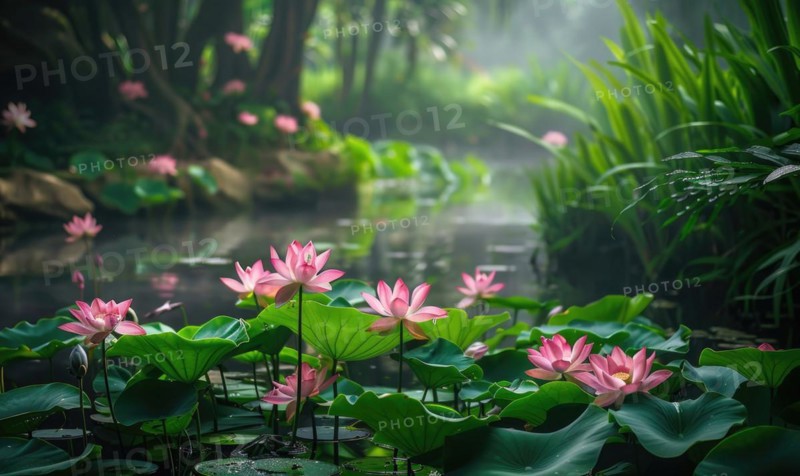 A serene pond surrounded by blooming pink lotus flowers and lush green foliage AI generated