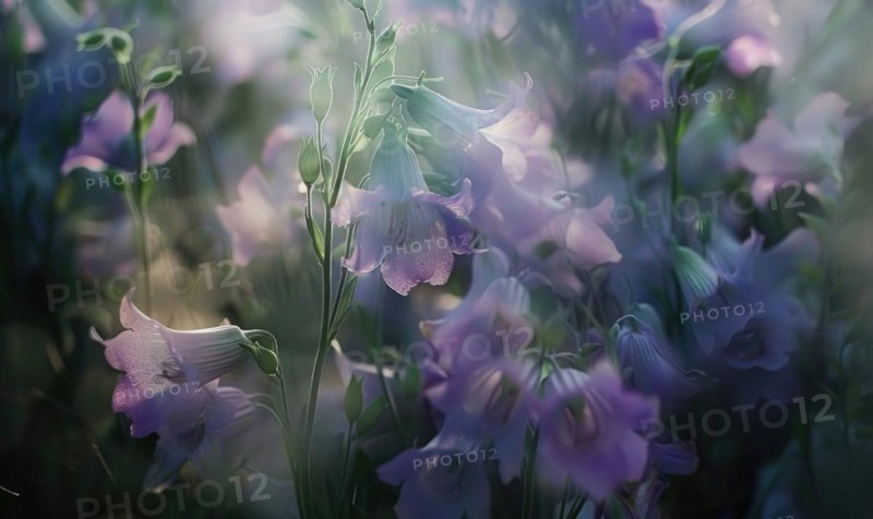 Bellflowers swaying in the breeze, closeup view, soft focus, bokeh AI generated