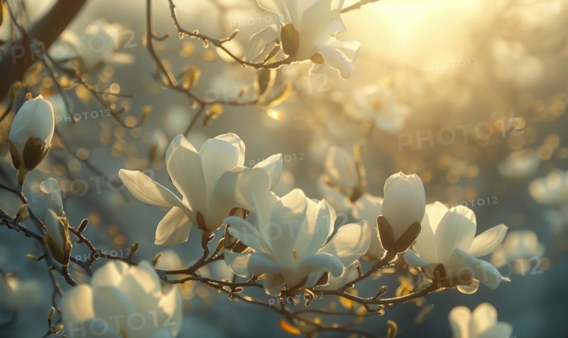 Magnolia blossoms illuminated by soft sunlight filtering through the trees AI generated