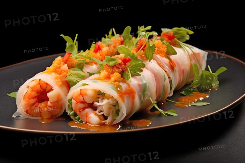 Delicious Fresh Spring Rolls Goi Cuon on Dark Plate, AI generated
