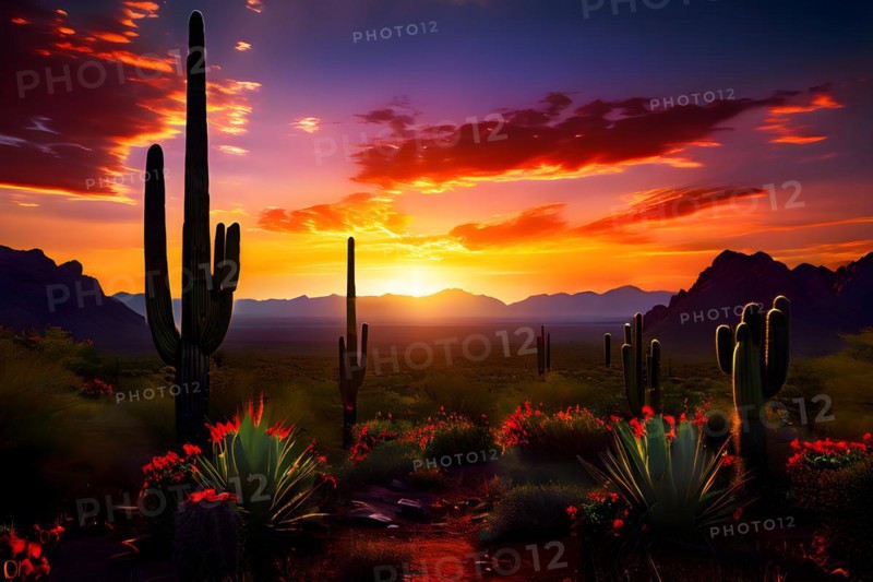 Saguaro cacti against the backdrop of a colorful sunrise sky, AI generated