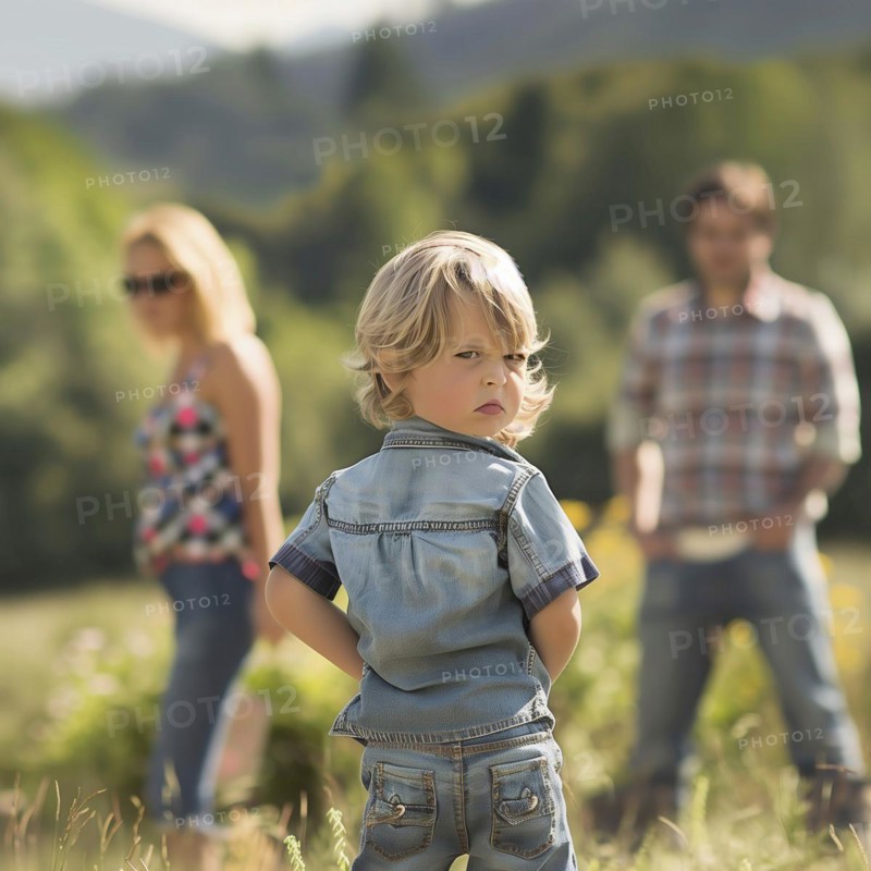 Sceptical child in the foreground with family turning away in the rural background, AI generated