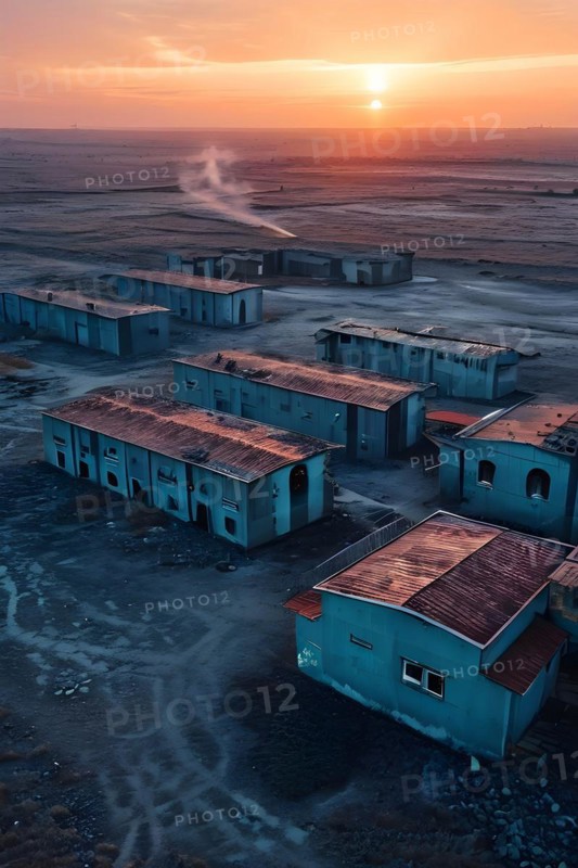 Aerial view of deserted military base featuring empty barracks and abandoned tanks in silent, AI generated