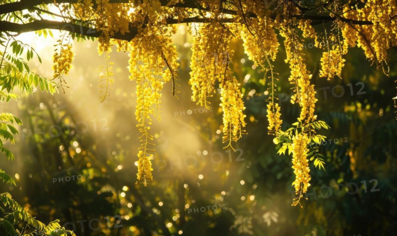 Laburnum branches reaching towards the sunlight AI generated