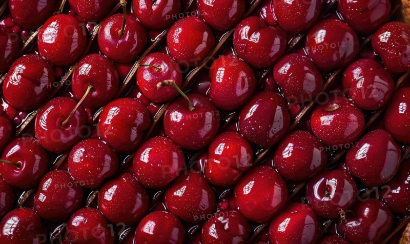 Ripe cherries arranged in an intricate pattern, rip cherries background AI generated