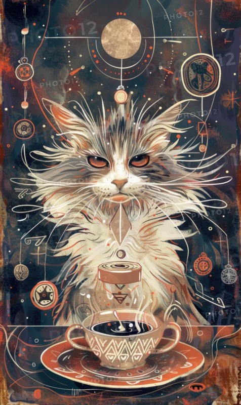A cat is sitting on a table with a cup of coffee in front of it. The cat appears to be angry and is staring at the cup. The image has a dark and moody atmosphere, with the cat's fur looking messy AI generated