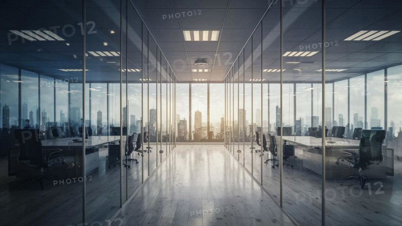 Modern office with glass walls, sunset light casting reflections, and view of skyscrapers, horizontal, AI generated