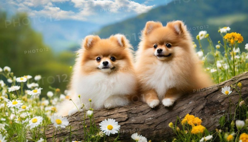 KI generated, animal, animals, mammal, mammals, dwarf spitz, Spitz, (Canis lupus familiaris), dog, dogs, bitch, Pomeranians, a bitch and a puppy lying on a tree trunk, flower meadow, two animals, cream-coloured