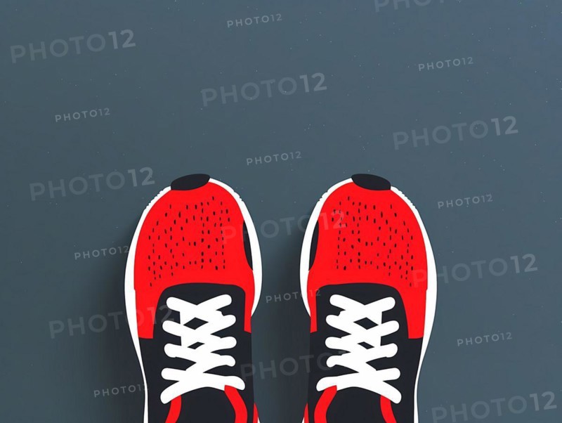 Top view of red running shoes with black details on a dark background, illustration, AI generated