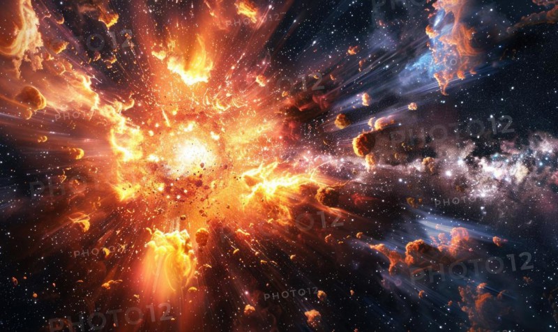 Digital depiction of a fiery cosmic explosion scattering stars and debris in space AI generated