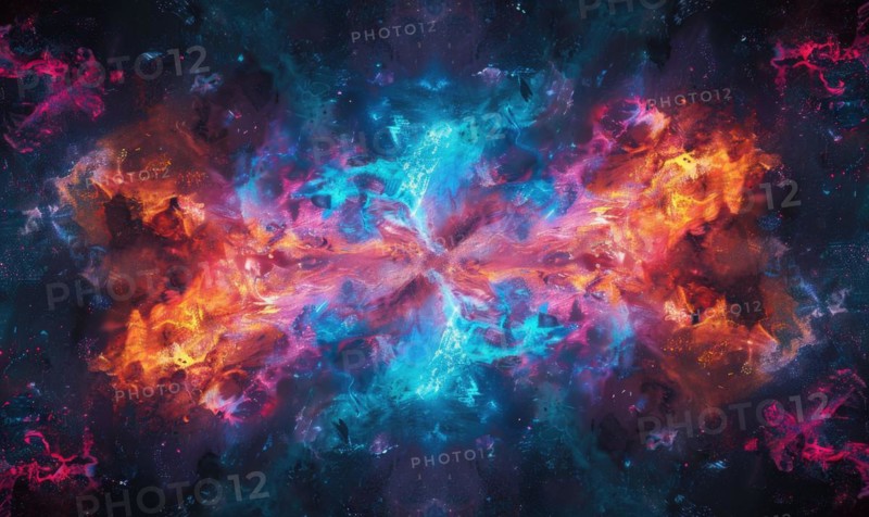 Artistic abstract fractal image with symmetrical patterns in cosmic pink and blue AI generated