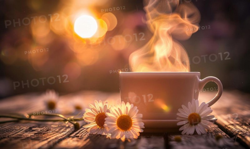 Chamomile tea cup with steam rising, closeup view of herbal tea AI generated