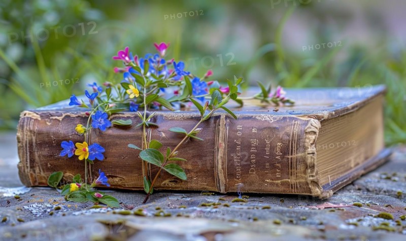 Close-up of a weathered old book with wildflowers growing from its spine AI generated