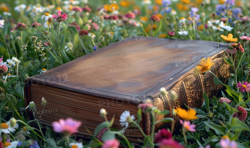 Old book lying on a grassy knoll surrounded by wildflowers AI generated