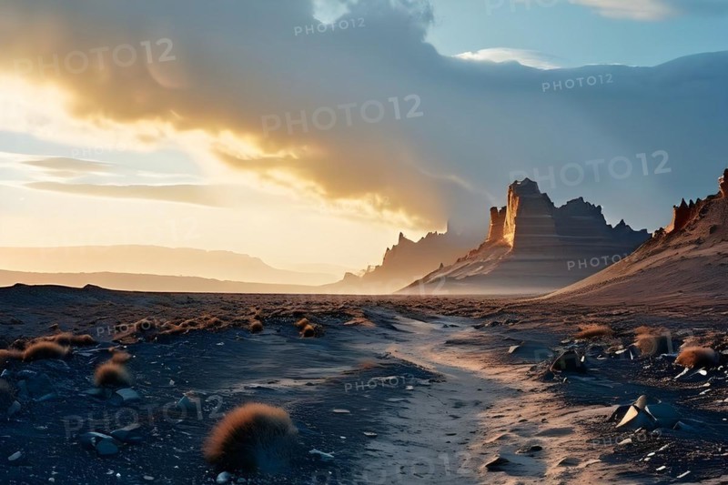 Patagonian desert landscape with powerful wind shaping landforms isolated rock formations, AI generated