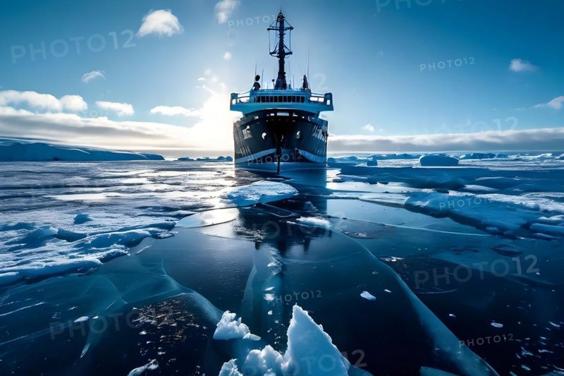 Icebreaker ship carving a path through thick ice of the polar region, AI generated