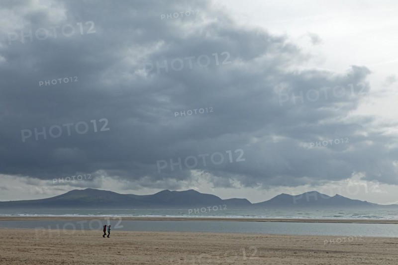 Beach, people, clouds, mountains, LLanddwyn Bay, Newborough, Isle of Anglesey, Wales, Great Britain