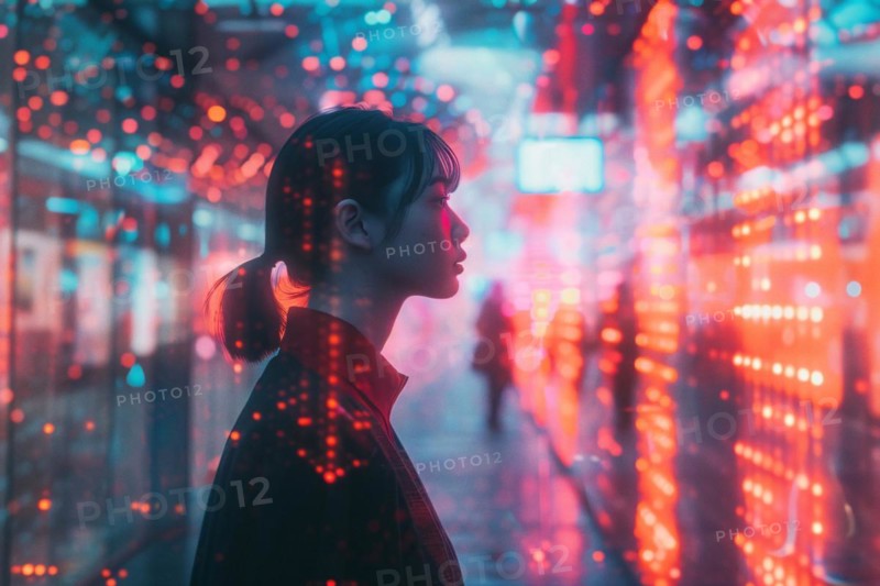 A woman in a futuristic cityscape is surrounded by neon lights and a cyberpunk vibe, AI generated