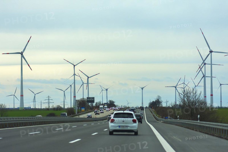 Busy motorway A 9, wind turbines on the side, Thuringia, Germany, Europe