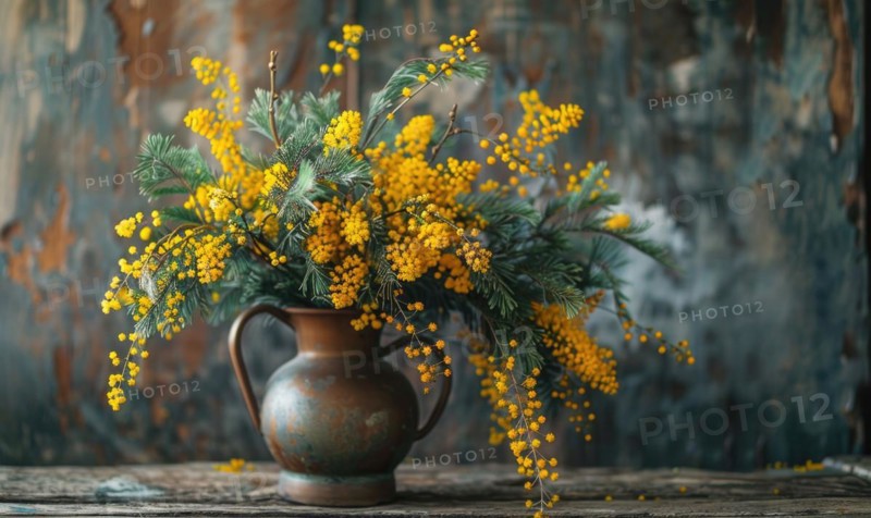 A close-up shot of Mimosa branches arranged in a vintage pitcher AI generated