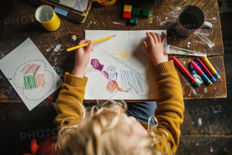 A preschool child sits at a table and draws a picture with coloured pencils, AI generated, AI generated, AI generated