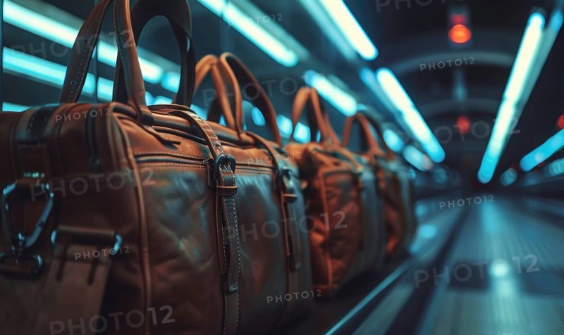 Leather travel bags under moody blue lighting, giving a futuristic urban vibe AI generated