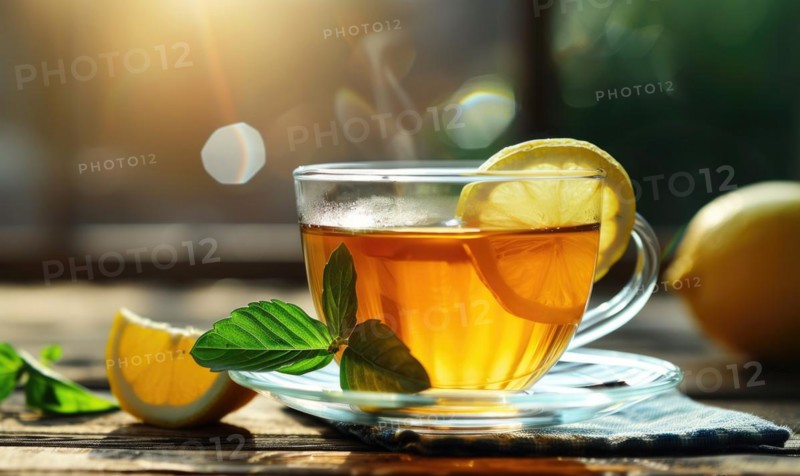 Herbal tea and lemon in a clear glass cup AI generated