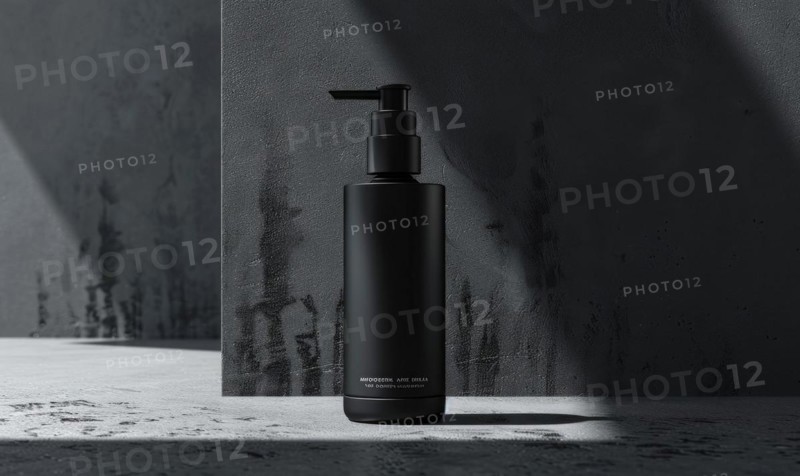 Studio shot of a matte black glass bottle mockup showcasing a product, minimalist branding AI generated
